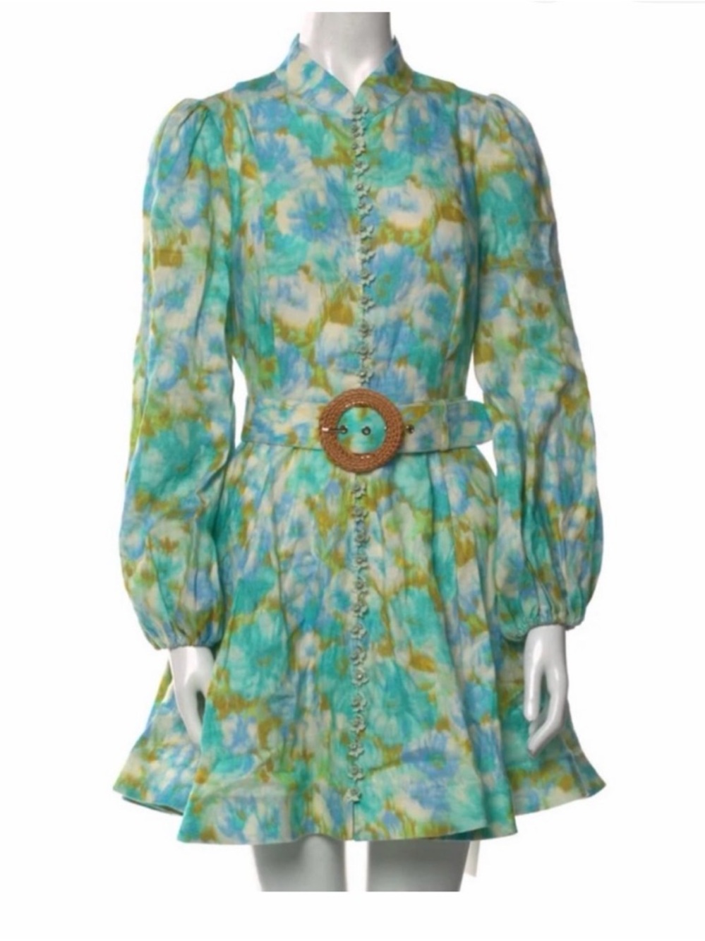 Zimmermann Turquoise, Aqua & Gold Watercolor Print Mini Dress